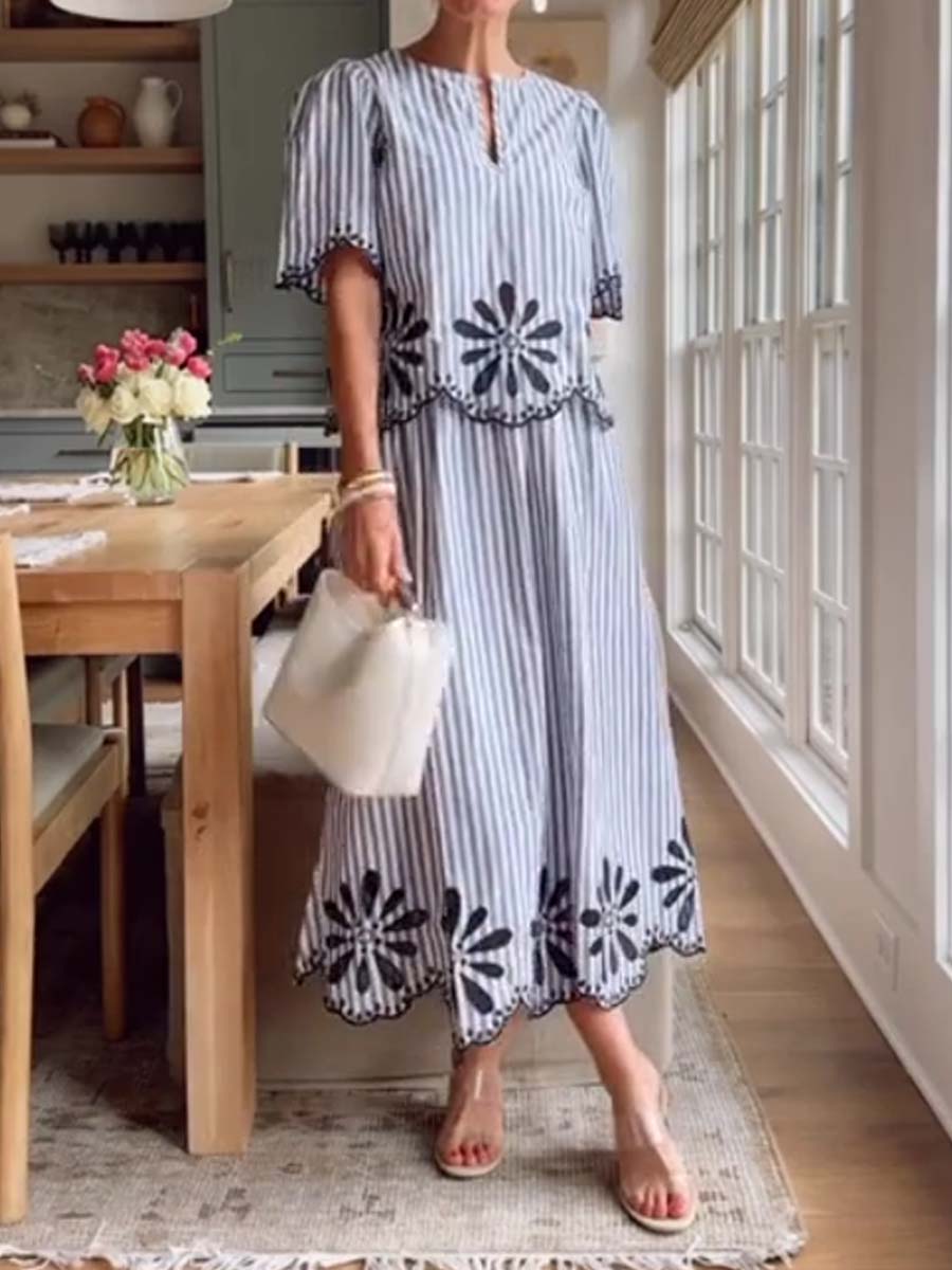 Floral Eyelet Stripe Two Pieces Dress