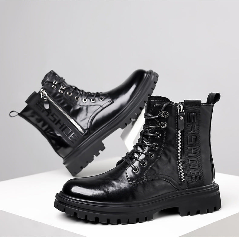 Men's High Top Patent Leather Waterproof Tooling Martin Boots