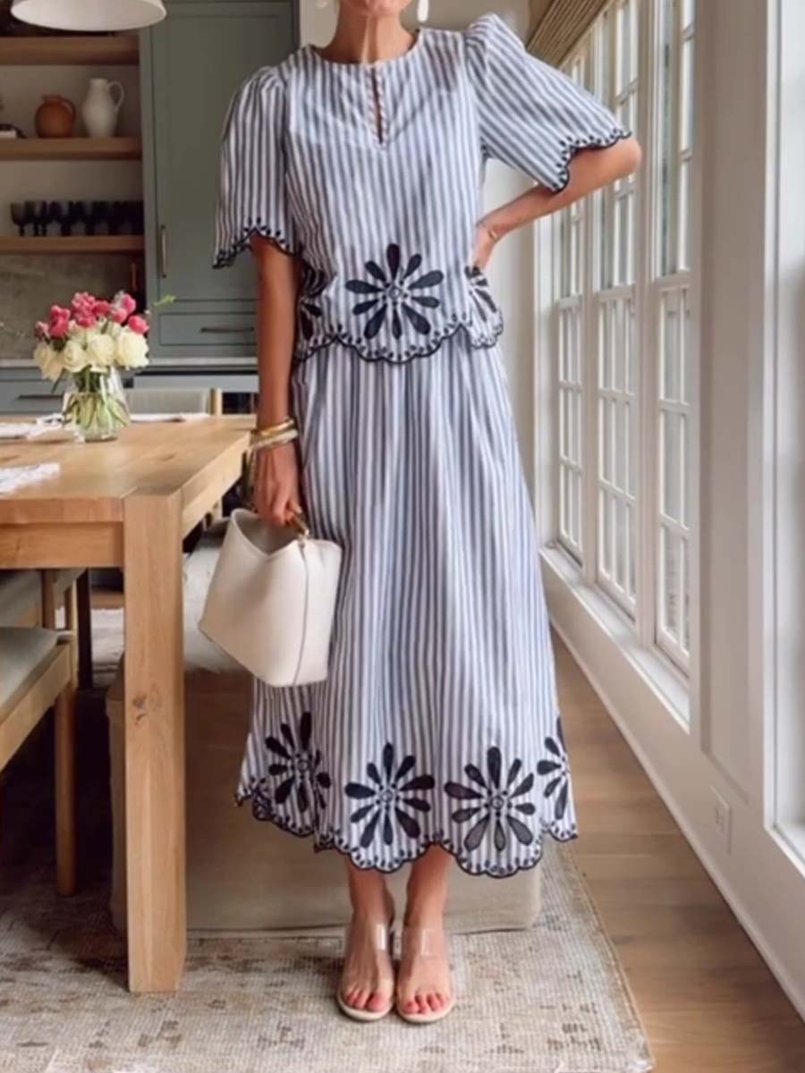 Floral Eyelet Stripe Two Pieces Dress