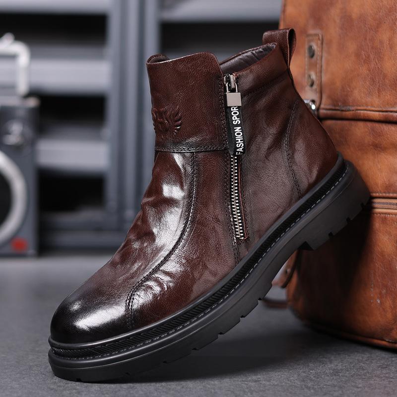 Men's full-grain sheepskin high-top work boots genuine leather motorcycle boots