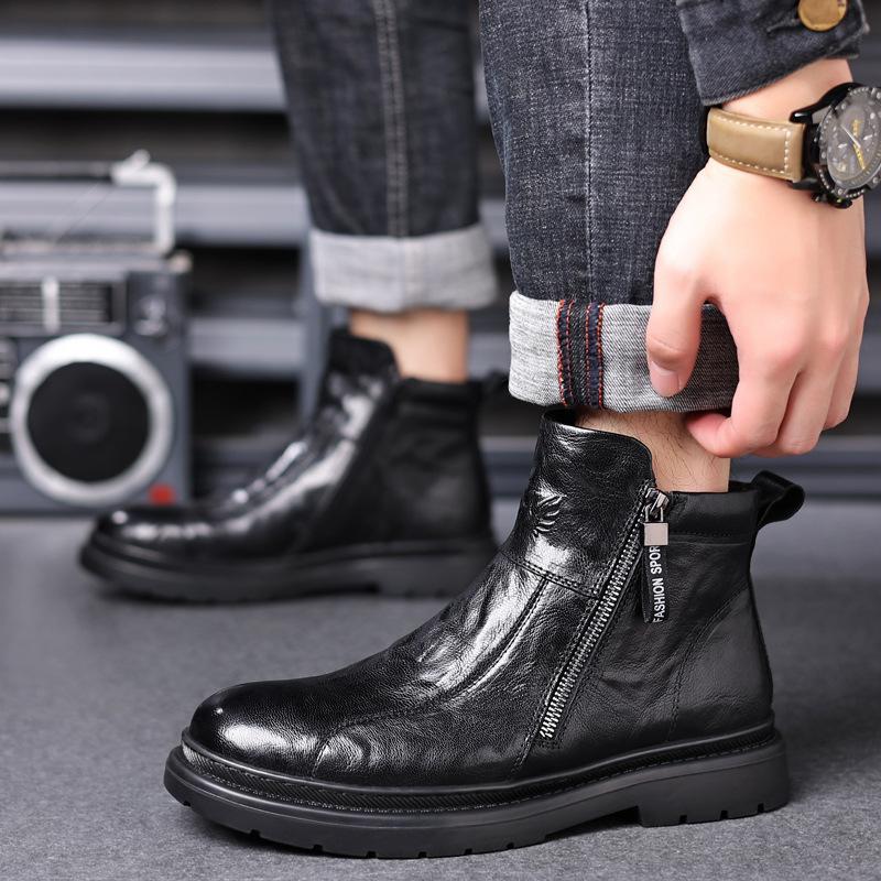 Men's full-grain sheepskin high-top work boots genuine leather motorcycle boots