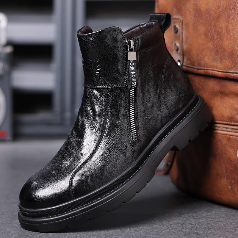 Men's full-grain sheepskin high-top work boots genuine leather motorcycle boots