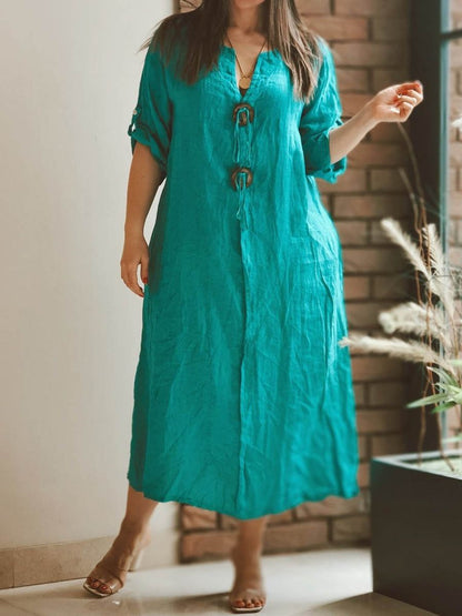 Casual Loose Solid Simple V Neck Dress