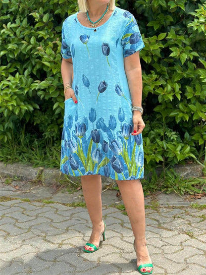 Printed Cotton Linen Short Sleeve Dress