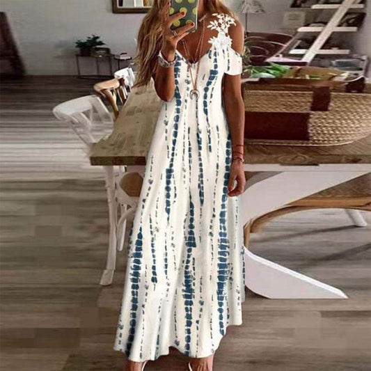 Cold Shoulder Lace Blue Scale Print Maxi Dress