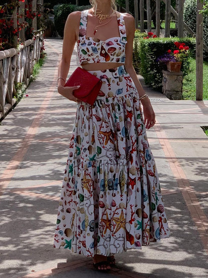 Sleeveless Printed Crop Top & Maxi Skirts