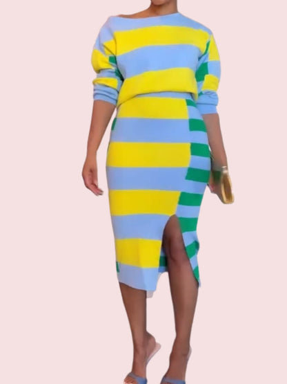 Colorblock Striped Long Sleeve Top & Skirt Set